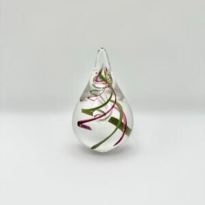 Poland Art Glass Tear Drop Paperweight Sculpture Maroon Green Swirl Design